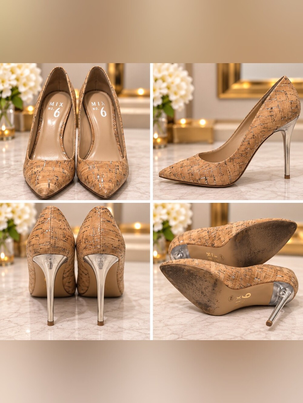Mix No. 6 Cork & Silver Clear-Heel Pointed-Toe Pumps – Size 8M